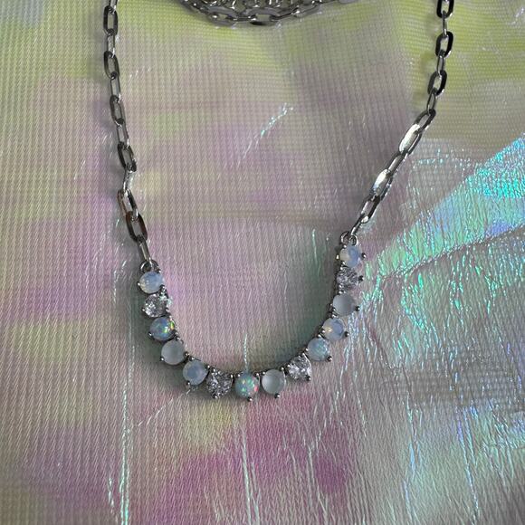 NWT ANTHROPOLOGIE Glassy Stone Arch Necklace Opal Crystal Silver Chain - Picture 4 of 4